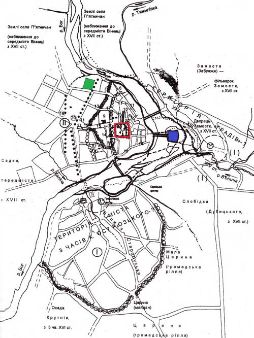 Вінниця на момент 1651 р. Червоним позначені єзуїтські Мури, де тримав оборону Іван Богун, синім – острівний замок на Кемпі, де був штаб Калиновського, зеленим – угіддя Благовіщенського монастиря, де зараз стоїть пам’ятний знак. Використано карту С.О. Царенка