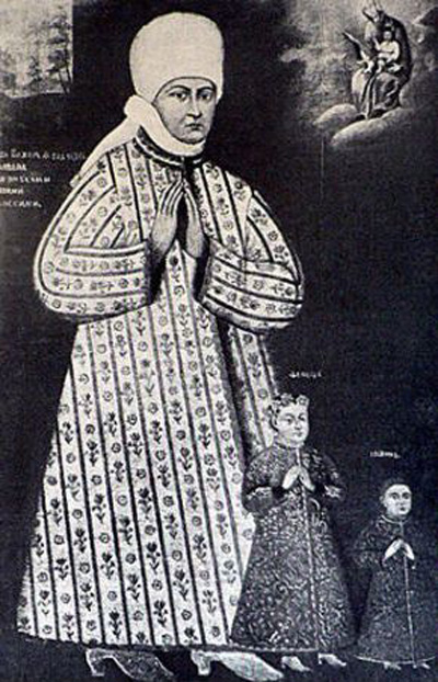 Малюнок 6. Феодосія Палій з онуками. Автор невідомий. Початок XVIII ст. Опубліковано: Жолтовський П. Український жиивопис XVII-XVIII ст. К., 1978.