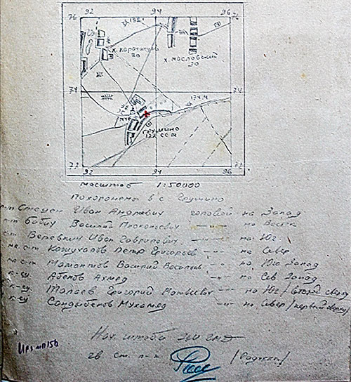 1. Схема захоронения восьмерых бойцов и командиров в с. Грушино, погибших 23 февраля 1943 года, еще один красноармеец Даниил Фёдорович Корзиенко погиб 21 февраля и был похоронен на восточной окраине села.